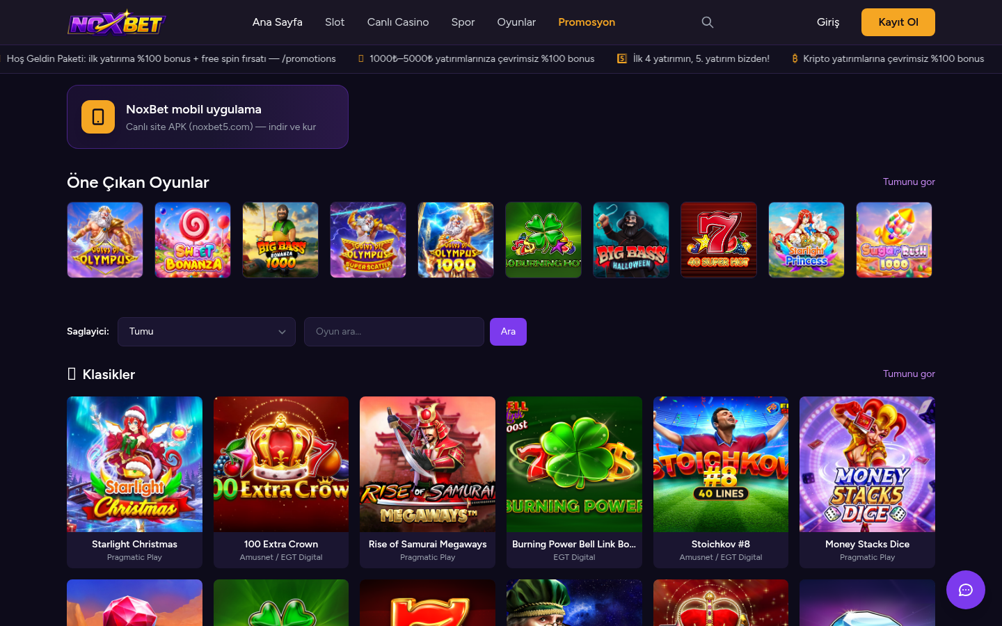 NoxBet ana sayfa ve slot vitrini