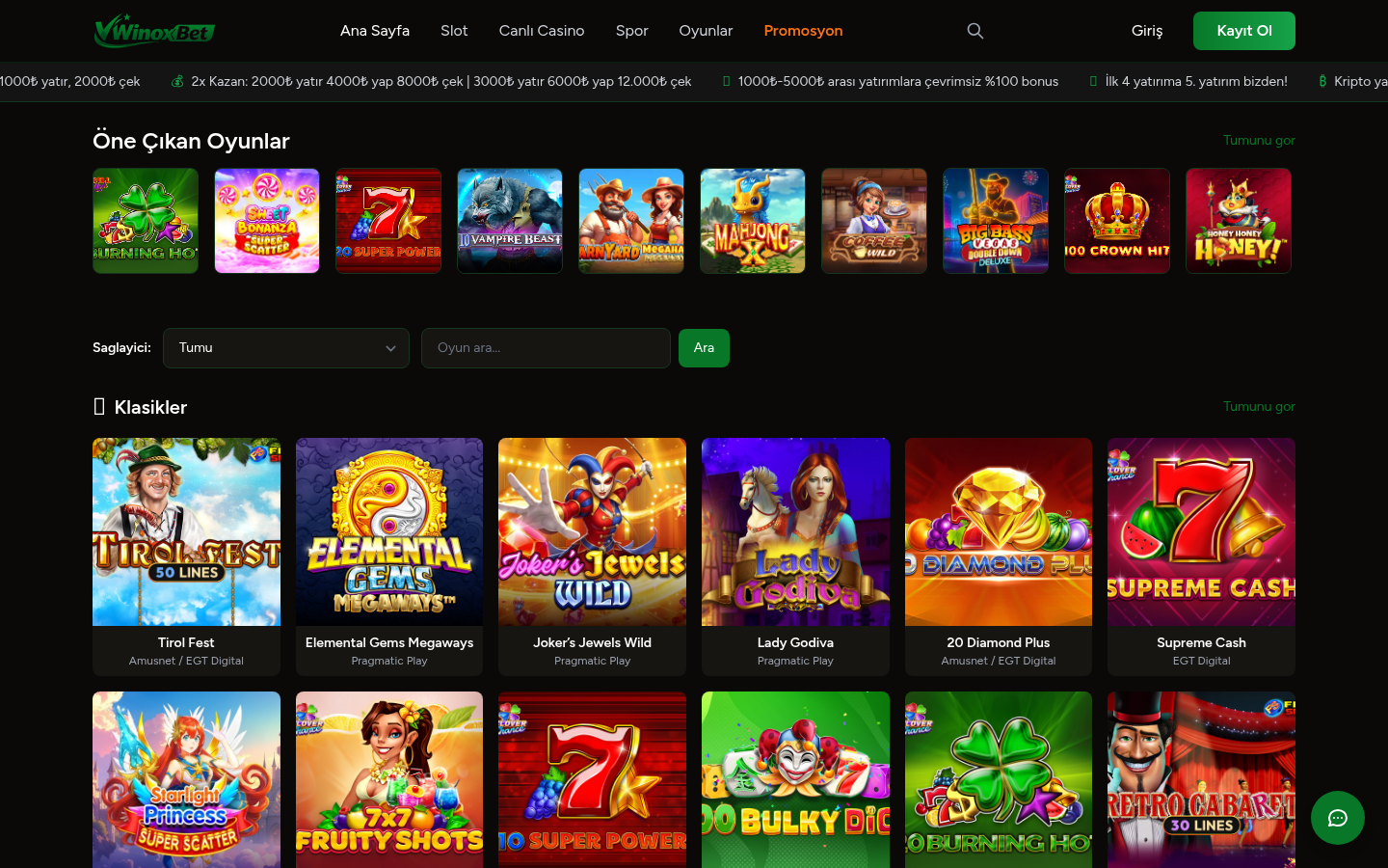 WinoxBet ana sayfa ve slot vitrini